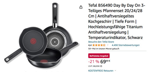 Tefal B56490 Day By Day On 3-tlg. 20/24/28 cm Pfannenset, Titanium Antihaftversiegelung - jetzt 18% billiger