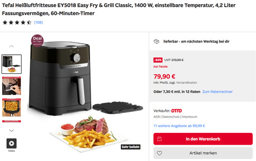 Tefal Heißluftfritteuse EY5018 Easy Fry & Grill Classic, 4,2 Liter Fassungsvermögen - jetzt 7% billiger