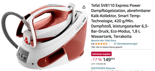 Tefal SV8110 Express Power Dampfbügelstation in Terrakotta (6,3-Bar-Druck, 420 g/Min. Dampfstoß) - jetzt 12% billiger