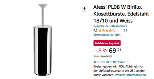 Alessi PL08 W Birillo Klosettbürste, Edelstahl 18/10 - jetzt 18% billiger