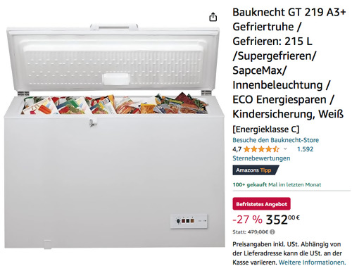 Bauknecht GT 219 A3+ Gefriertruhe 215 Liter, 91,6 x 69,8 x 118 cm - jetzt 24% billiger