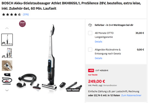 BOSCH Akku-Stielstaubsauger Athlet ProSilence BKH86SIL1 (beutellos, extra leise, inkl. Zubehör-Set, 60 Min. Laufzeit) - jetzt 21% billiger