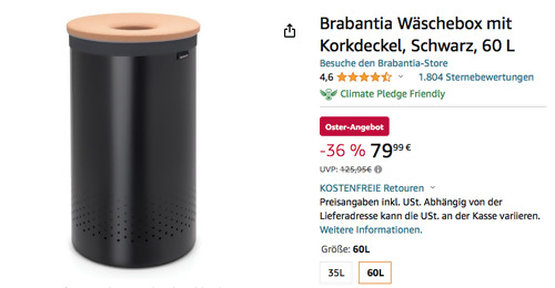 Brabantia 60 L Wäschebox mit Korkdeckel in Schwarz Matt - jetzt 20% billiger Brabantia 60 L Wäschebox mit Korkdeckel in Schwarz Matt - jetzt 20% billiger