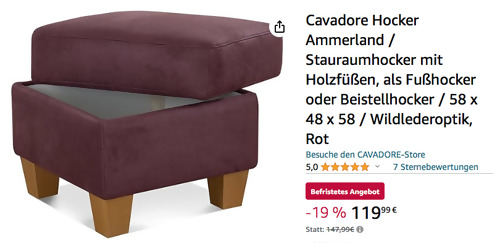 Cavadore Stauraumhocker Ammerland in Wildlederoptik Rot, 58 x 48 x 58 cm - jetzt 19% billiger Cavadore Stauraumhocker Ammerland in Wildlederoptik Rot, 58 x 48 x 58 cm - jetzt 19% billiger
