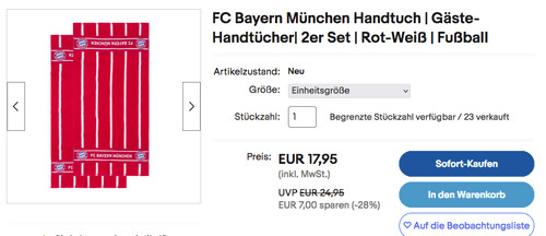 FC Bayern München Gäste-Handtücher 2er Set in Rot-Weiß, ca. 100 x 50 cm - jetzt 28% billiger