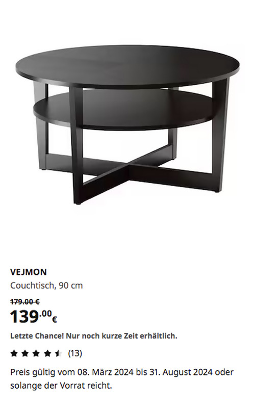 IKEA Düsseldorf - VEJMON Couchtisch, schwarzbraun, 90 cm - jetzt 22% billiger