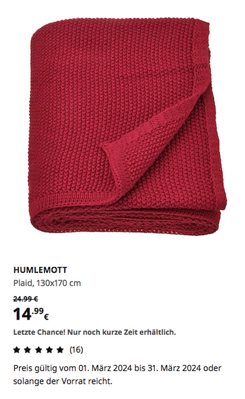 IKEA Kamen - HUMLEMOTT Plaid, dunkelrot, 130x170 cm - jetzt 40% billiger