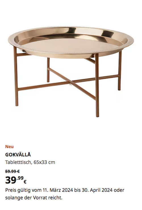 IKEA Ludwigsburg - GOKVÄLLÅ Tabletttisch, kupferfarben, 65x33 cm - jetzt 33% billiger