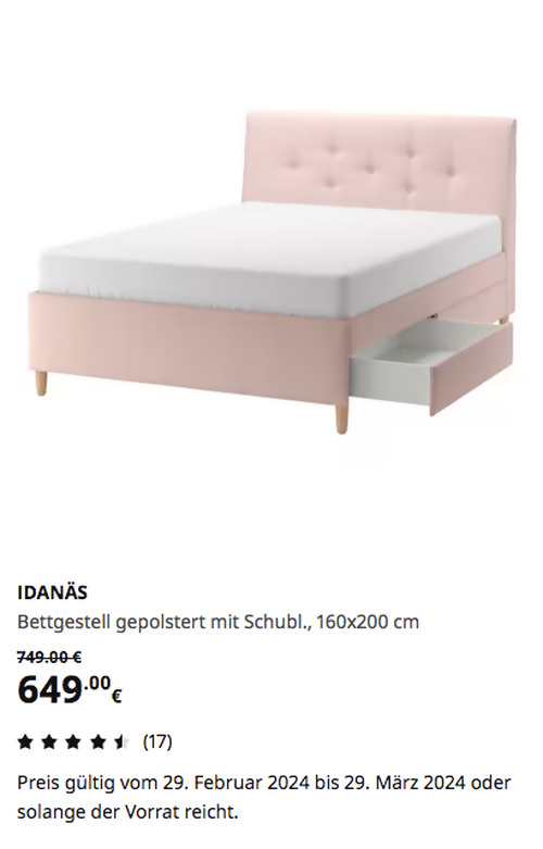 IKEA Sindelfingen - IDANÄS Bettgestell gepolstert mit Schubl., Gunnared blassrosa, 160x200 cm - jetzt 13% billiger