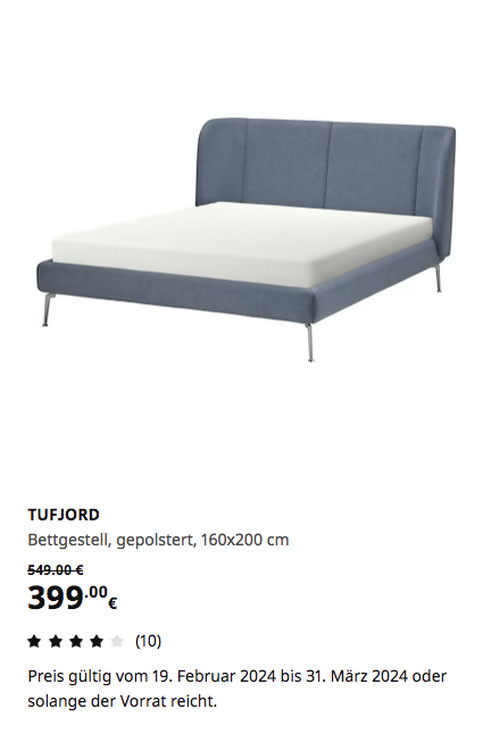 IKEA Wallau - TUFJORD Bettgestell, gepolstert, Gunnared blau, 160x200 cm - jetzt 27% billiger