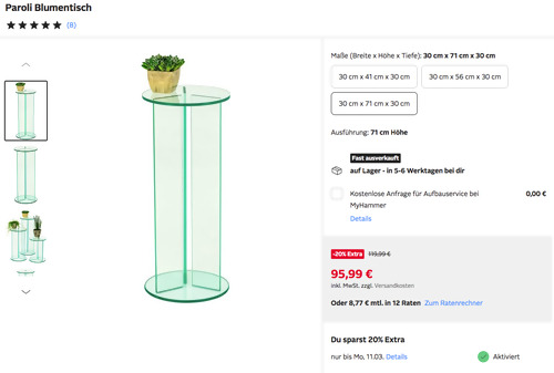 Otto.de - 20% Rabatt auf ausgewählte Möbel: z.B. Paroli 30 x 71 x 30 cm Glas Blumentisch - jetzt 20% billiger