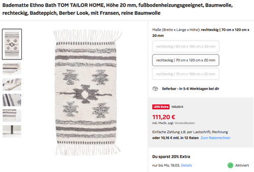 Otto.de - 20% Rabatt auf Heimtextilien: z.B. TOM TAILOR HOME 70 x 120 cm Badematte Ethno Bath - jetzt 20% billiger