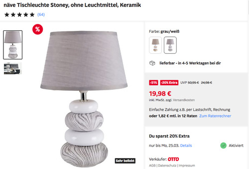 Otto.de - 20% Rabatt auf Wohnzimmerartikel und Lampen: z.B. näve Tischleuchte "Stoney" in Grau/Weiß oder Braun/Weiß (31 cm, E14, ohne Leuchtmittel, Keramik) - jetzt 20% billiger