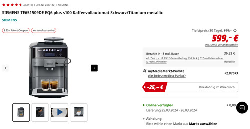 SIEMENS TE651509DE EQ6 plus s100 Kaffeevollautomat Schwarz/Titanium metallic - jetzt 4% billiger