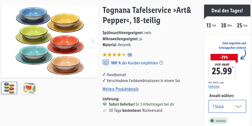 Tognana  18-tlg. Tafelservice "Art& Pepper", Keramik - jetzt 24% billiger