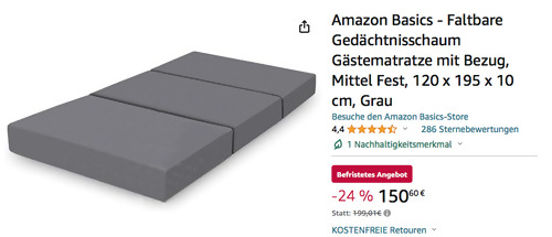 Amazon Basics - 120 x 195 x 10 cm Faltbare Gedächtnisschaum Gästematratze mit Bezug in Grau - jetzt 24% billiger