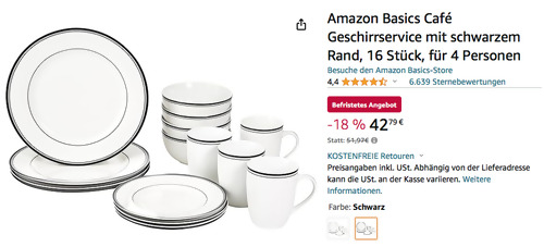 Amazon Basics 16-tlg. Café Geschirrservice mit schwarzem Rand, Porzellan Amazon Basics 16-tlg. Café Geschirrservice mit schwarzem Rand, Porzellan