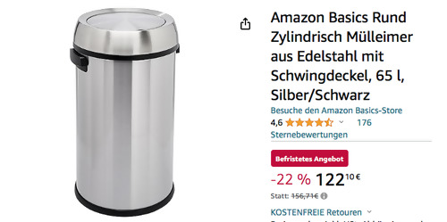 Amazon Basics 65 l Rund Zylindrisch Mülleimer aus Edelstahl mit Schwingdeckel - jetzt 22% billiger Amazon Basics 65 l Rund Zylindrisch Mülleimer aus Edelstahl mit Schwingdeckel - jetzt 22% billiger