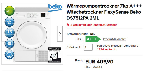 Beko DS7512PA 2ML 7kg A+++ Wäschetrockner (15 Programme, FlexySense) - jetzt 14% billiger