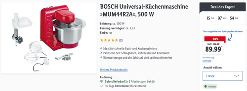 BOSCH Universal-Küchenmaschine "MUM44R2A" (ca. 3,9 l, 500 W, Patisserie-Set) - jetzt 9% billiger