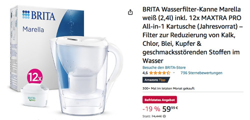 BRITA Wasserfilter-Kanne Marella weiß (2,4l) inkl. 12x MAXTRA PRO All-in-1 Kartusche (Jahresvorrat) - jetzt 19% billiger