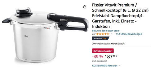Fissler Vitavit Premium 6 L Schnellkochtopf inkl. Einsatz, 22 cm - jetzt 9% billiger