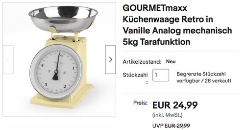 GOURMETmaxx Küchenwaage Retro in Vanille (Analog, 5kg, Tarafunktion) - jetzt 17% billiger