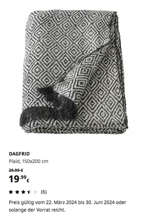 IKEA Chemnitz - DAGFRID Plaid, dunkelgrau/elfenbeinweiß, 150x200 cm - jetzt 33% billiger