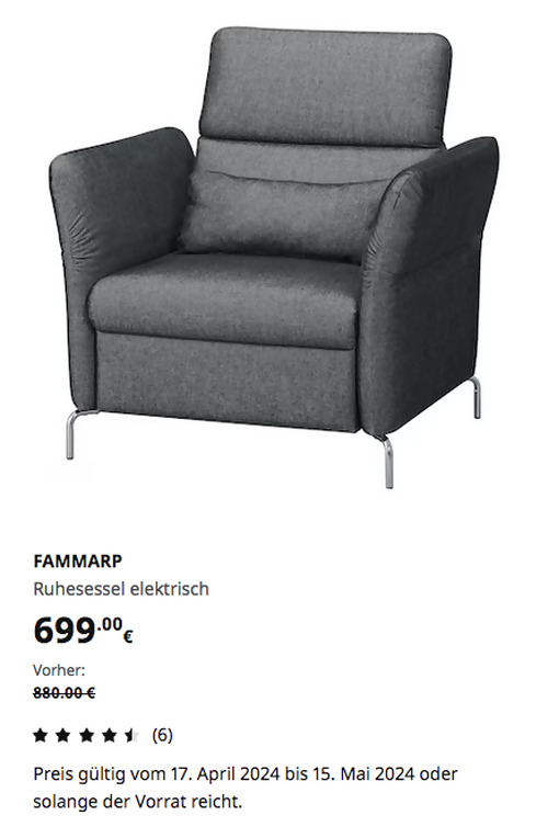 IKEA Düsseldorf - FAMMARP Ruhesessel elektrisch, Metall/Tallmyra schwarz/grau - jetzt 21% billiger