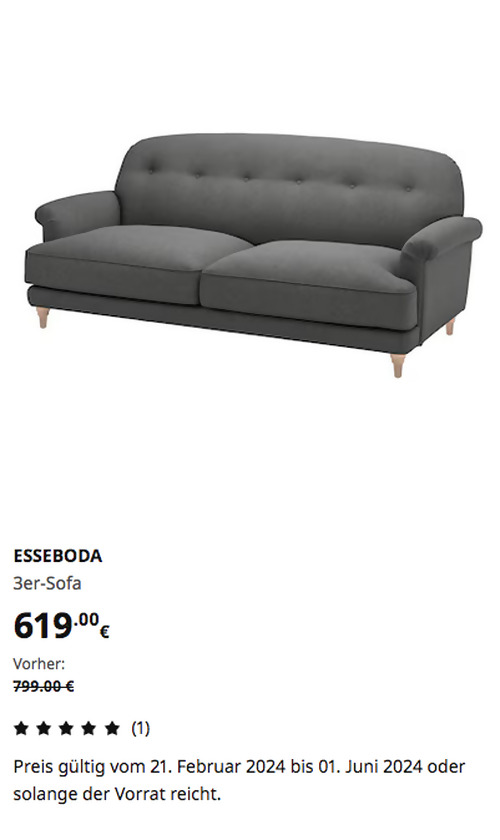IKEA Essen - ESSEBODA 3er-Sofa, Tallmyra/mittelgrau Birke - jetzt 23% billiger