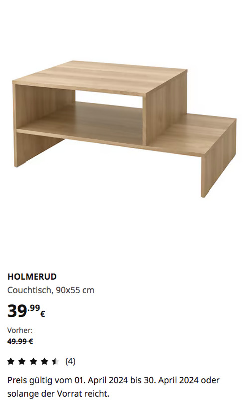 IKEA Kamen - HOLMERUD Couchtisch, Eichenachbildung, 90x55 cm - jetzt 20% billiger