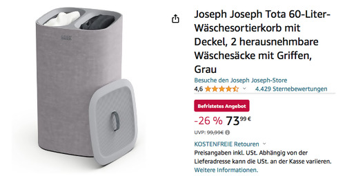 Joseph Joseph Dual 60-Liter-Wäschesortierkorb "Tota" in Grau - jetzt 8% billiger