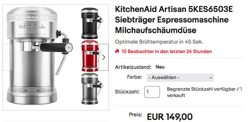 KitchenAid Artisan 5KES6503E Siebträger Espressomaschine, versch. Farben (14 bar, Milchaufschäumdüse) - jetzt 25% billiger