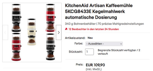 KitchenAid Artisan Kaffeemühle 5KCG8433E, versch. Farben (Kegelmahlwerk, automatische Dosierung, 340 g) - jetzt 24% billiger KitchenAid Artisan Kaffeemühle 5KCG8433E, versch. Farben (Kegelmahlwerk, automatische Dosierung, 340 g) - jetzt 24% billiger