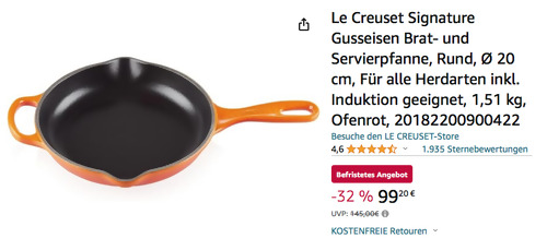 Le Creuset Ø 20 cm Signature Gusseisen Brat- und Servierpfanne in Ofenrot - jetzt 14% billiger Le Creuset Ø 20 cm Signature Gusseisen Brat- und Servierpfanne in Ofenrot - jetzt 14% billiger