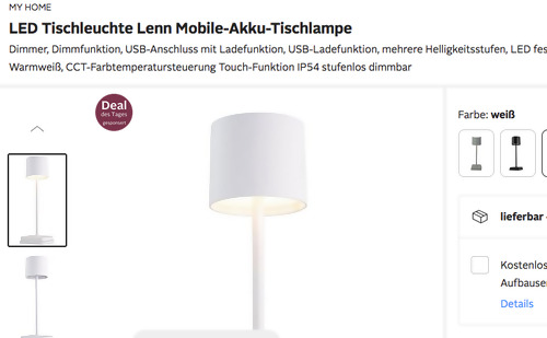 MY HOME LED Tischleuchte LENN, versch. Farben (150 lm, Mobile-Akku-Tischlampe, USB-Ladefunktion) - jetzt 23% billiger