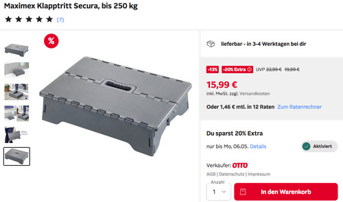 Otto.de - 20% Rabatt auf ausgewählte Wohnartikel: z.B. Maximex Klapptritt "Secura" Otto.de - 20% Rabatt auf ausgewählte Wohnartikel: z.B. Maximex Klapptritt "Secura"