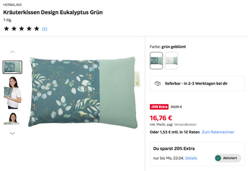 Otto.de - 20% Rabatt auf Betten, Matratzen & Bettwaren: z.B. HERBALIND Kräuterkissen Design Eukalyptus Grün - jetzt 20% billiger