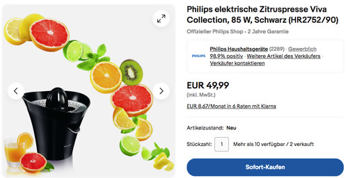 Philips HR2752/90 elektrische Zitruspresse Viva Collection in Schwarz, 85 W - jetzt 22% billiger Philips HR2752/90 elektrische Zitruspresse Viva Collection in Schwarz, 85 W - jetzt 22% billiger