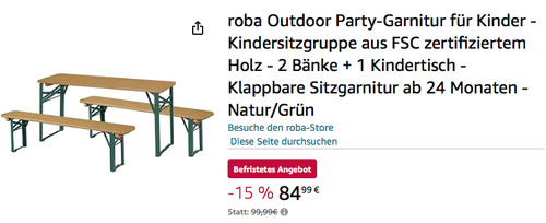 roba Outdoor Party-Garnitur (2 Bänke + 1 Kindertisch) in Natur/Grün oder Grau Lasiert - jetzt 15% billiger