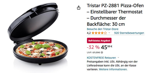 Tristar PZ-2881 30 cm Pizza-Ofen, einstellbarer Thermostat - jetzt 17% billiger Tristar PZ-2881 30 cm Pizza-Ofen, einstellbarer Thermostat - jetzt 17% billiger