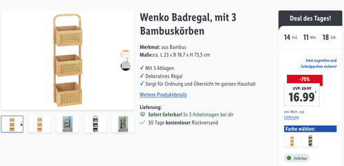 Wenko Badregal mit 3 Bambuskörben in Natur oder Schwarz, ca. L 23 x B 18,7 x H 73,5 cm - jetzt 36% billiger