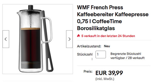 WMF 0,75 l French Press Kaffeebereiter, Glas - jetzt 20% billiger
