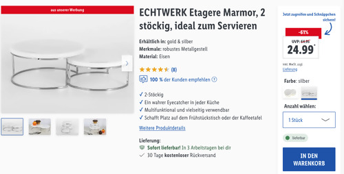 ECHTWERK Etagere Marmor 2-Stöckig in Silber, ca. 17/20 cm Durchmesser - jetzt 31% billiger