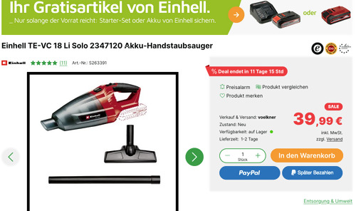 Einhell TE-VC 18 Li Solo 2347120 Akku-Handstaubsauger inkl. Einhell Power X-Change 2,5 Ah Starter-Kit - jetzt 26% billiger Einhell TE-VC 18 Li Solo 2347120 Akku-Handstaubsauger inkl. Einhell Power X-Change 2,5 Ah Starter-Kit - jetzt 26% billiger