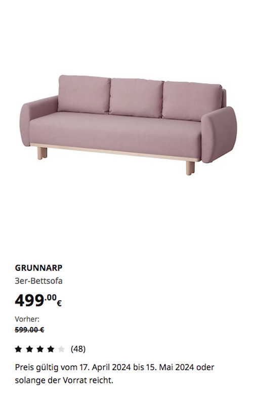 IKEA Düsseldorf - GRUNNARP 3er-Bettsofa, Gunnared hell braunrosa - jetzt 17% billiger