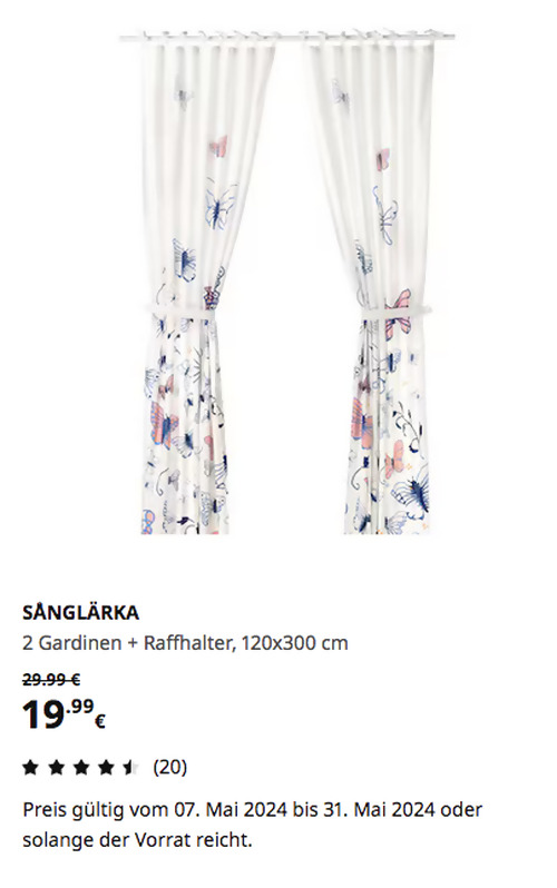 IKEA Hamburg-Moorfleet - SÅNGLÄRKA 2 Gardinen + Raffhalter, Schmetterling/weiß blau, 120x300 cm - jetzt 33% billiger