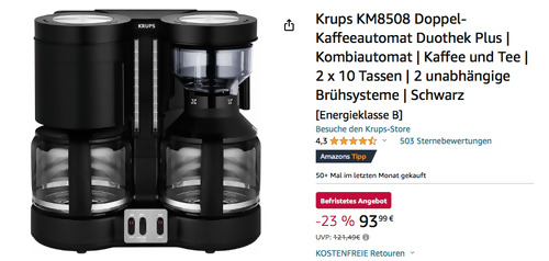 Krups KM8508 Duothek Plus Doppel-Kaffeeautomat in Schwarz (2 unabhängige Brühsysteme) Krups KM8508 Duothek Plus Doppel-Kaffeeautomat in Schwarz (2 unabhängige Brühsysteme)
