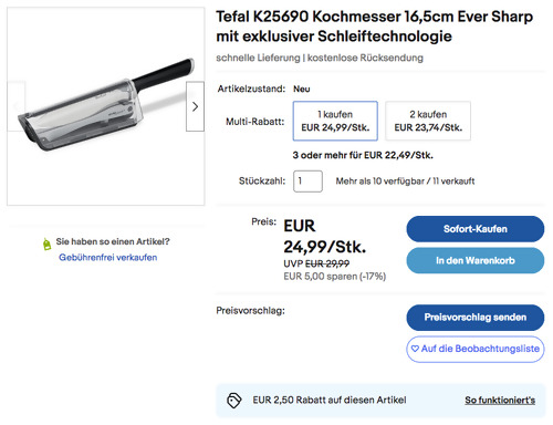 Tefal K25690 16,5 cm Kochmesser Ever Sharp mit exklusiver Schleiftechnologie - jetzt 15% billiger Tefal K25690 16,5 cm Kochmesser Ever Sharp mit exklusiver Schleiftechnologie - jetzt 15% billiger