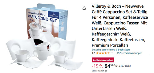 Villeroy & Boch 8-tlg. Newwave Caffè Cappuccino Set, Premium Porzellan Villeroy & Boch 8-tlg. Newwave Caffè Cappuccino Set, Premium Porzellan